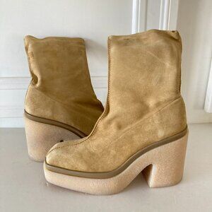 Free People Gigi Beige/Yellow Suede Heeled Ankle Boots Sz 40